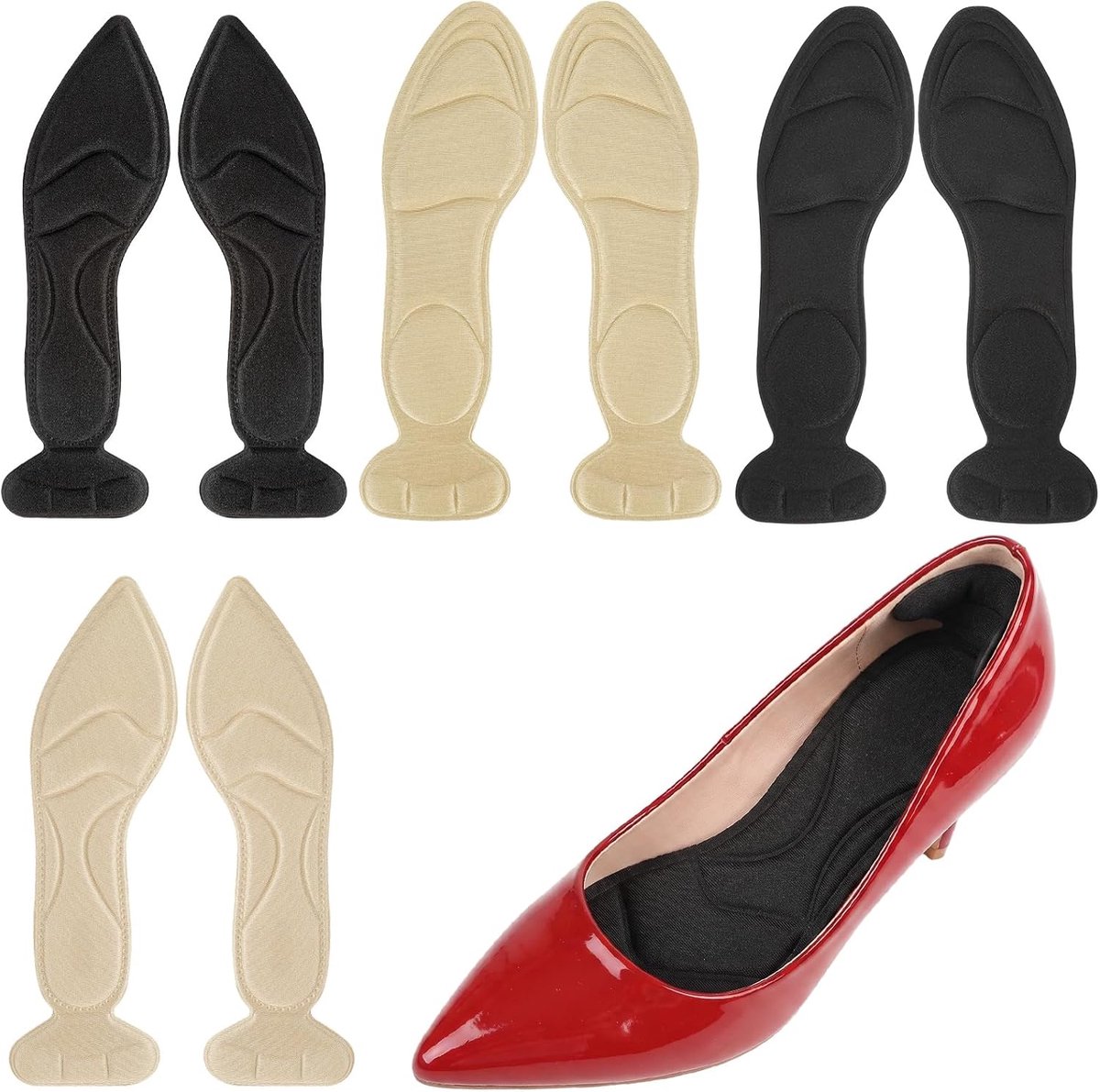 8 stuks schoeninlegzolen voor hoge hakken, 4 paar inlegzolen schoenen dames, antislip, 2-in-1 hoge hakken inlegzolen met hielbescherming voor hoge hakken, pumps, stiletto's