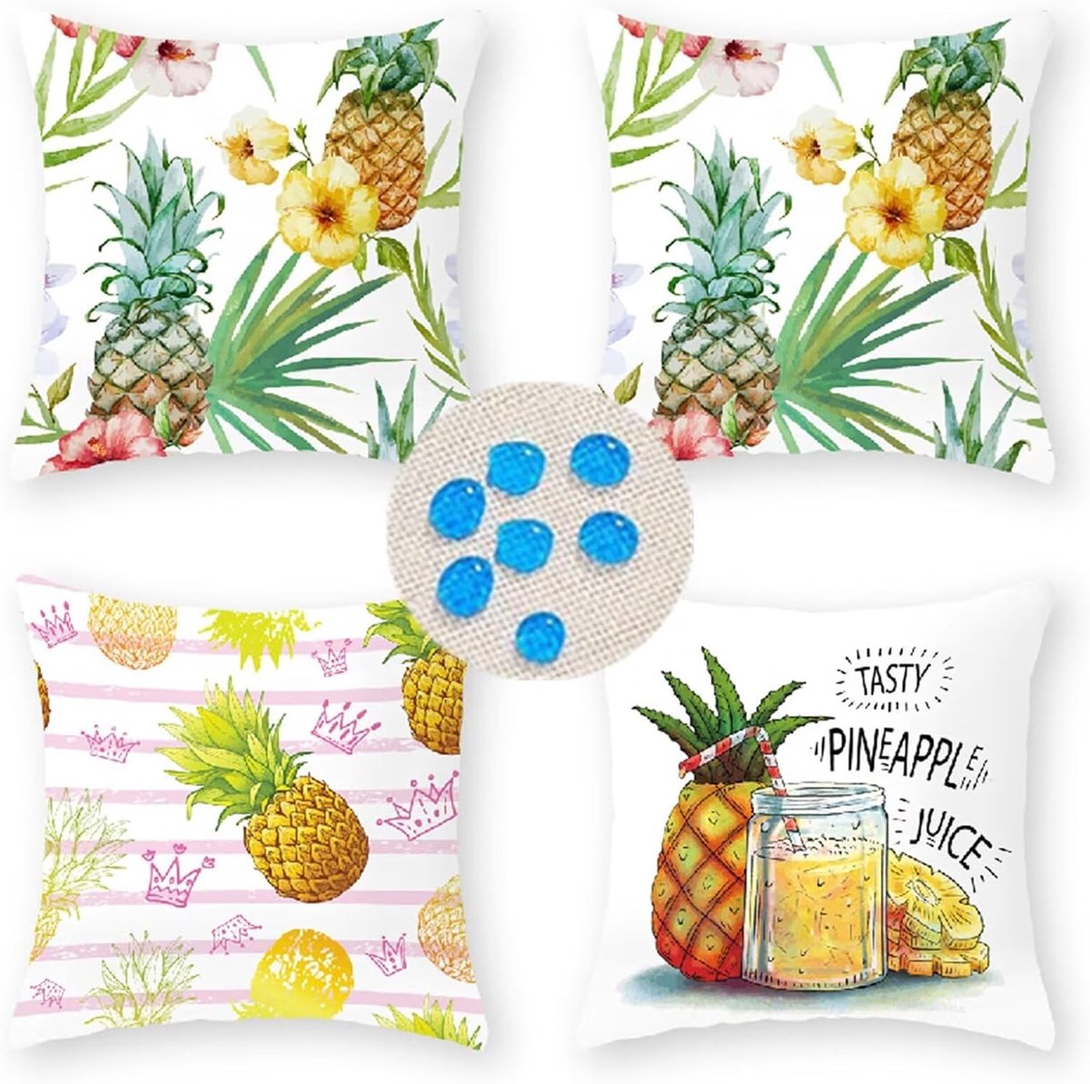 Kussenslopen Waterdichte Set van 4 Zomer Ananas, Vierkant Dubbelzijdig Linnen Materiaal, Met onzichtbare rits, Kussens voor Patio Balkon Bank Boerderij Tuin Decoratief 40 cm x 40 cm
