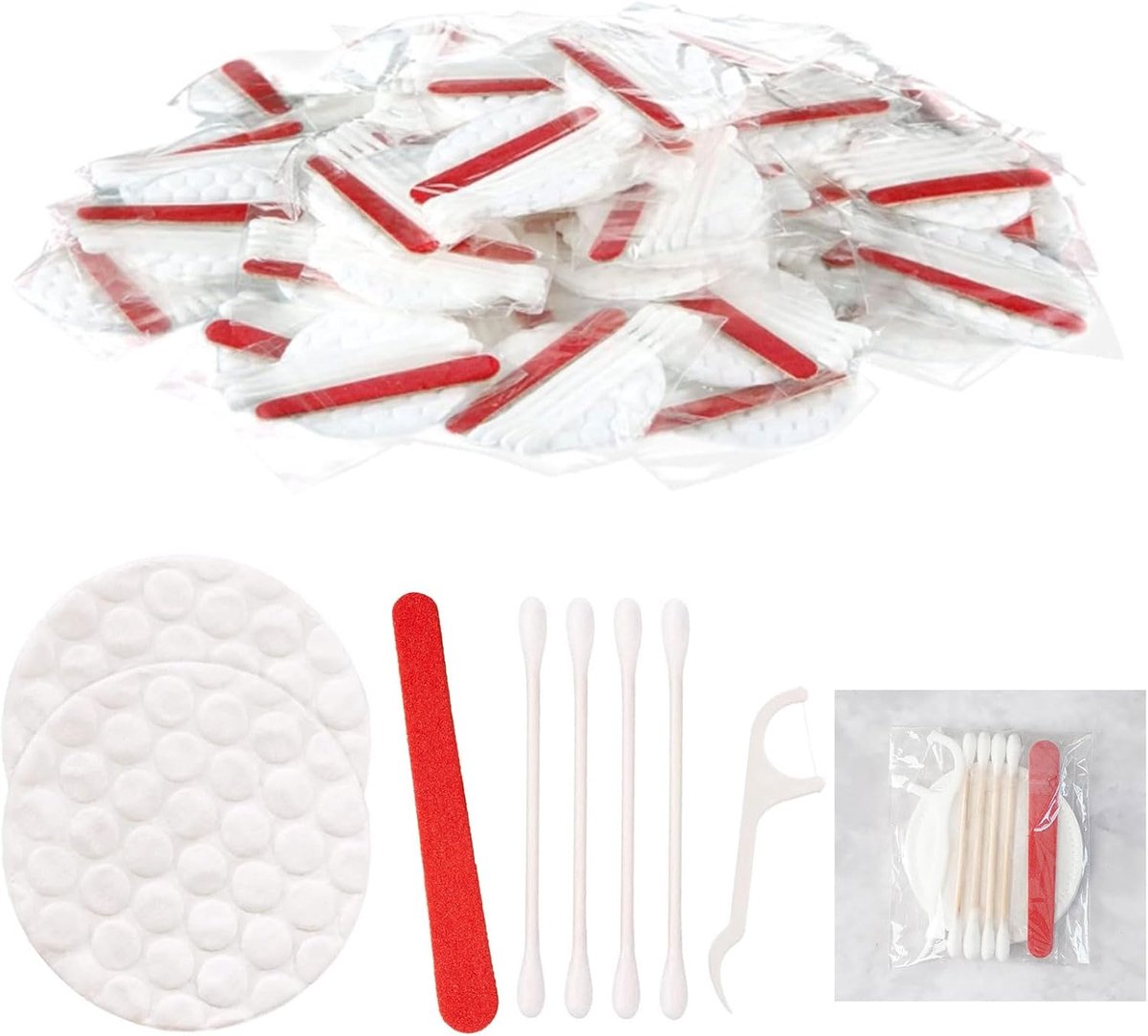 Vanity Set, hotelbenodigdheden toiletartikelen afzonderlijk verpakt, Hotel Vanity Kit met wattenschijfjes, wattenstaafjes, flossen en nagelvijl, mini-reisproducten, cosmeticaset, 150 stuks