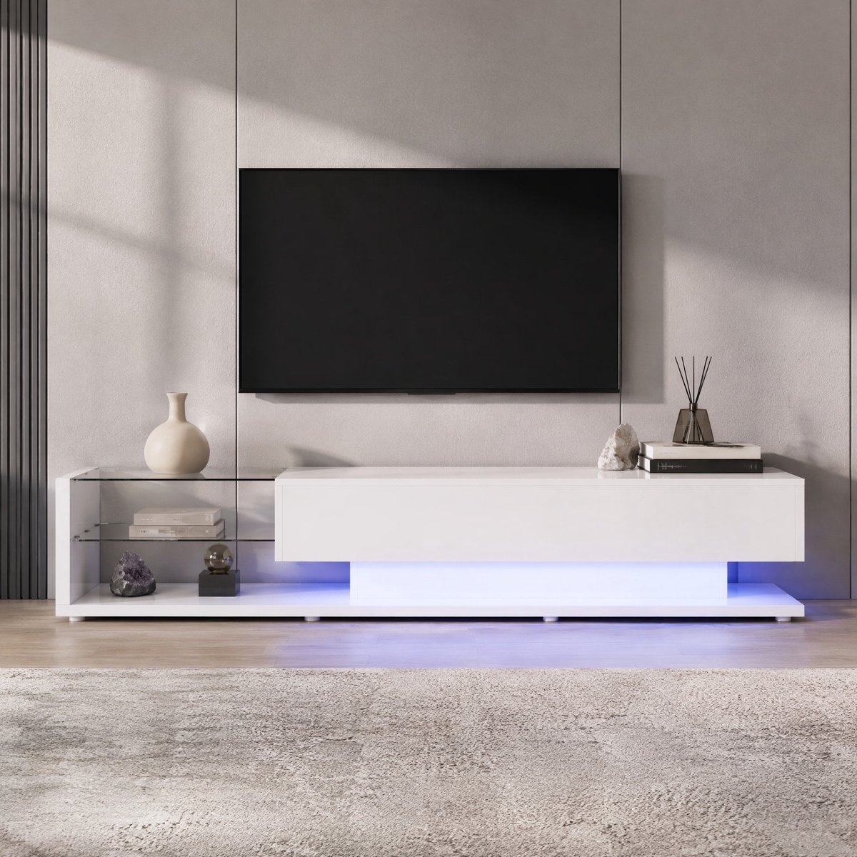 WUVRIE Tv-meubel 170 cm - 2 lades, 2 glazen planken en verstelbare LED-verlichting - Wit hoogglans