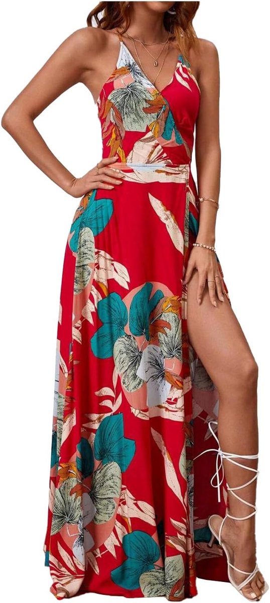 Zomerjurk voor dames, boho jurk met spaghettibandjes, V-hals, strandjurk, lange maxi-jurk
