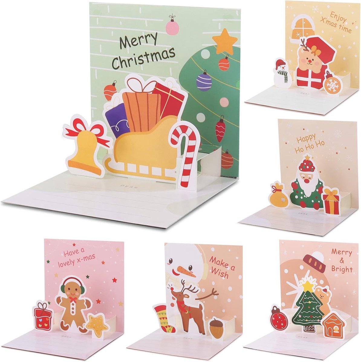 6 Stuks Pop-Up Kerstkaarten met Enveloppen, JRISBO 3D Kerstkaarten Kleurrijke Versieringen van Kerstman Peperkoek Man Kerstmis Wenskaarten Kerstcadeau voor Kinderen Vrienden Familie