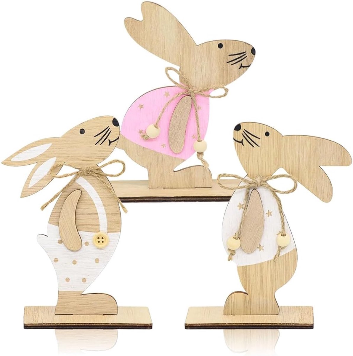 3 decoratieve houten paashazen om neer te zetten, decoratieve standaard voor Pasen en tuin, schattig en grappig design