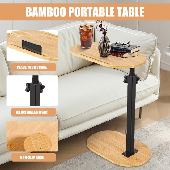 Bijzettafel C-vorm, bijzettafel, bank, in hoogte verstelbaar, 360 graden draaibaar, kleine bijzettafel, 40 x 22 cm, bamboe bijzettafels, kleine koffietafel met sleuf voor mobiele telefoon — afbeelding 5