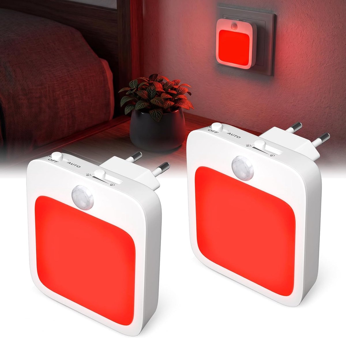 2 Stuks stopcontact nachtlampje met bewegingssensor, 625 nm rood LED licht, dimbaar en slaapbevorderend, voor kinderkamer, slaapkamer, gang en trap, energieklasse G