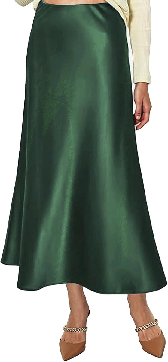 Satijnen rok voor dames, hoge taille, elegant, elastisch, satijn, casual, midi-rokken, lijnrok, kantoor, zijde, plooirok in half herfst