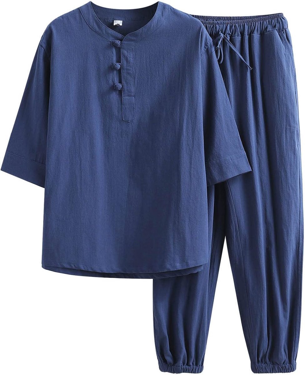 Trainingspak voor heren, 2-delig, katoen, joggingpak, bovendeel en broek, lange mouwen, broek, casual, elastisch, verstelbaar, zacht, A39