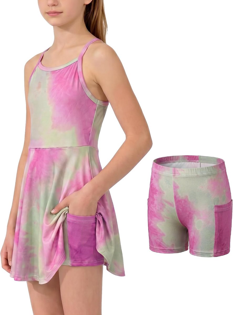 Tennisjurk voor meisjes, mouwloze tie-dye jurk en sportshorts voor kinderen, set met zakken, 5-13 jaar
