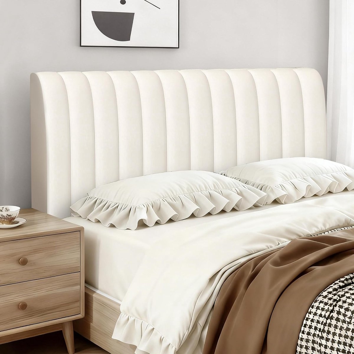 Hoofdeinde Overtrek met verticale strepen, zachte verdikte fluwelen bekleding, voor slaapkamer, crèmekleurig, 120 cm