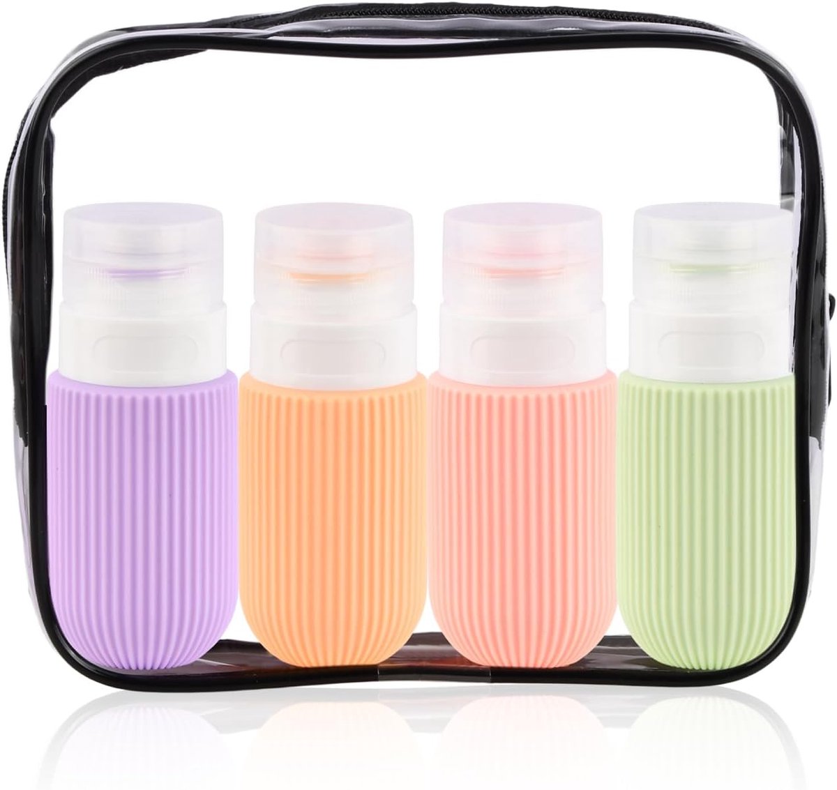 4 stuks siliconen reisflessen, 60 ml, lekvrij, herbruikbaar, reisset vloeistoffen, knijpbare siliconen reishouder met opbergzak voor shampoo, spoeling, bodylotion en gezichtscrème