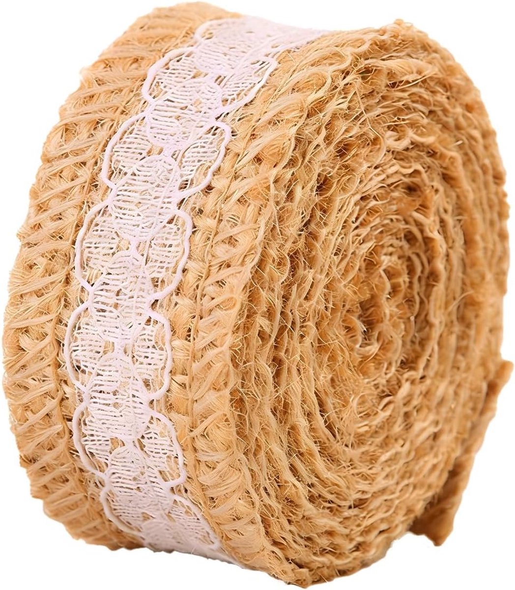 Jute en kant lint - Decoratieve rol - Ambachtelijke projecten - Vintage landelijke stijl - 5 cm x 10 meter