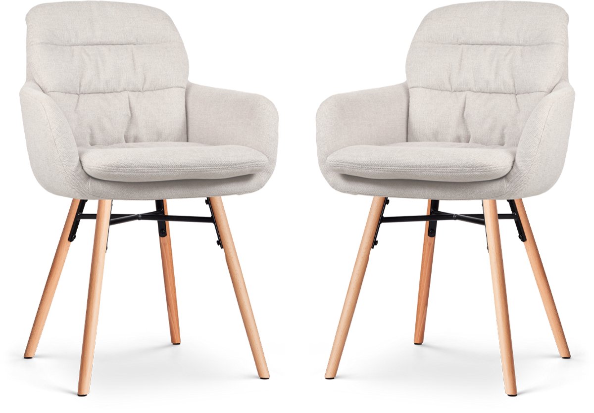 Nolon Nena-Mia Eetkamerstoelen Set van 2 Beige - met Armleuning - Stof - Hoge Rugleuning - Houten Poten - Naturel