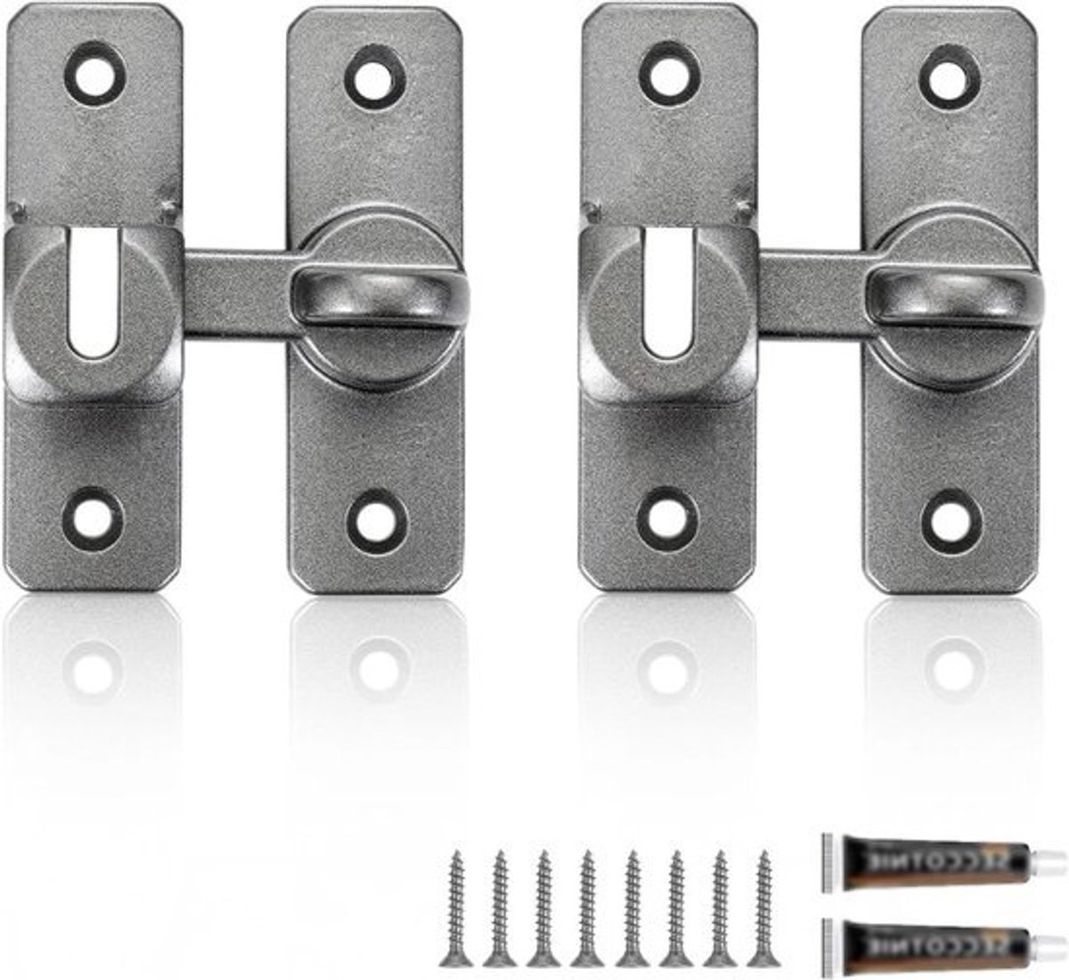 2 paar aluminium schuifdeursloten - 90°/180° sluitmechanisme - Grijze deursloten met 8 schroeven en 2 nagelvrije lijmen voor slaapkamer, badkamer en tuinhuis