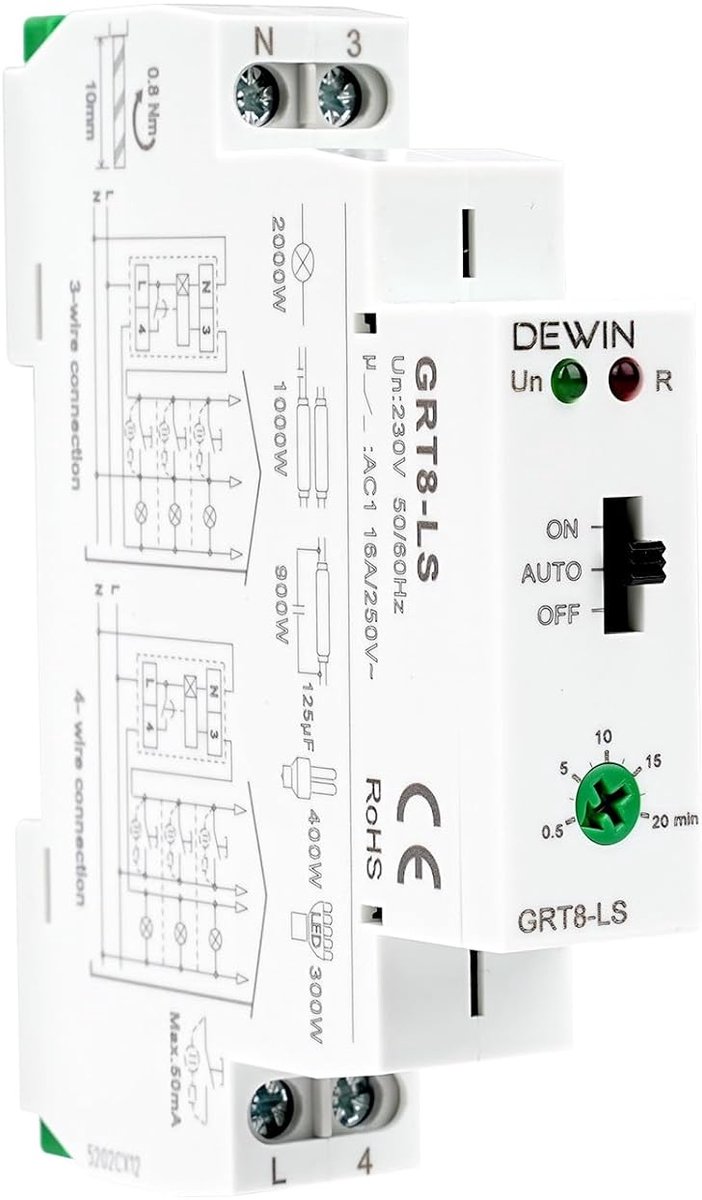 DEWIN Time Relay 230V, GRT8-LS Din Rail Stair Lighting Timer 0.5-20 Minutes Delay Corridor Lighting Switch 16A AC 230V - ShopVlot