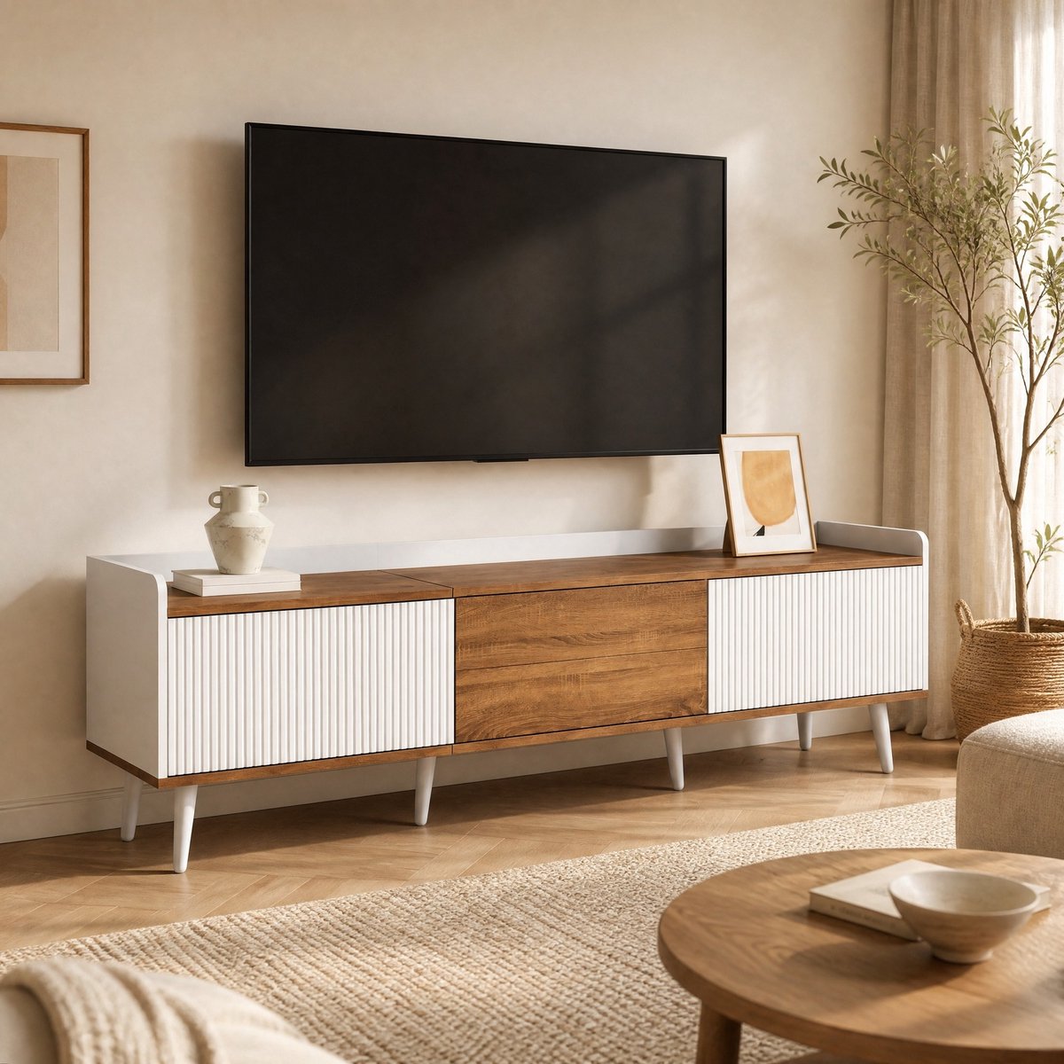 WUVRIE TV-meubel 160x39x49,5 cm - 3 deuren en opbergruimte - Wit/naturel