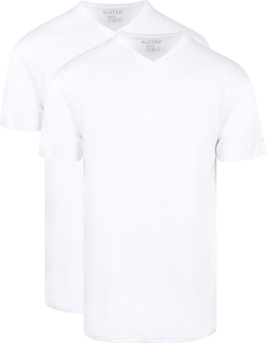 Twee witte V-hals T-shirts van Slater, 100% biologisch katoen. Tekst: SLATER BASIC 100% organic cotton.