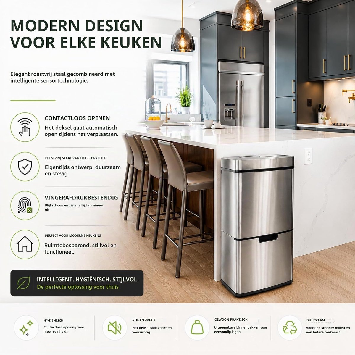 Prullenbak 42 x 31,5 x 74,5 cm (62 liter) met sensor en scheidingssysteem voor afval, moderne design met zachte sluiting voor keuken en kantoor - Industrohome