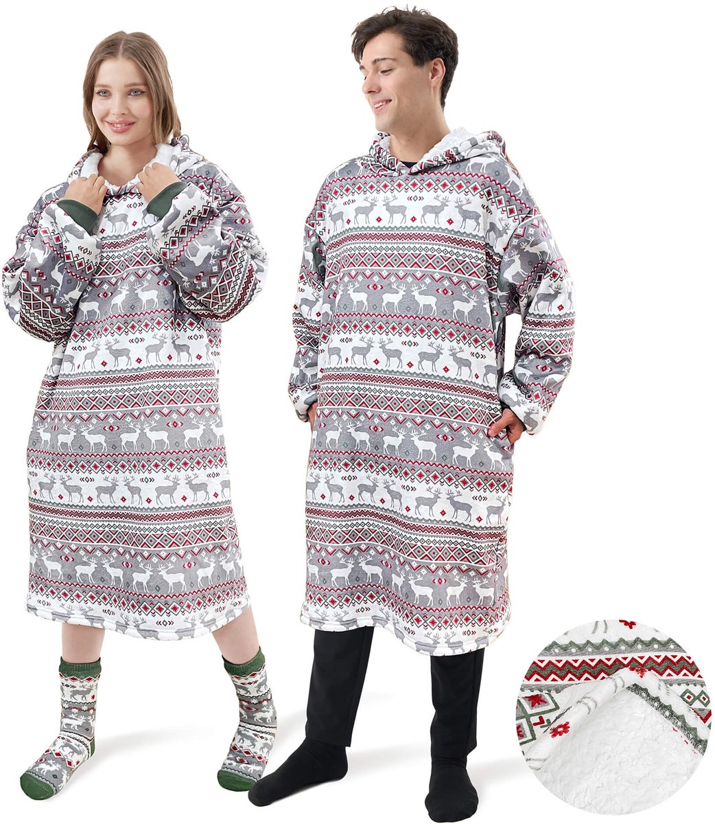 WINTER-WONDER - hoodie 70x110 cm - oversized hoodie deken - unisex - kerstprint - Bronze Green - multicolour
