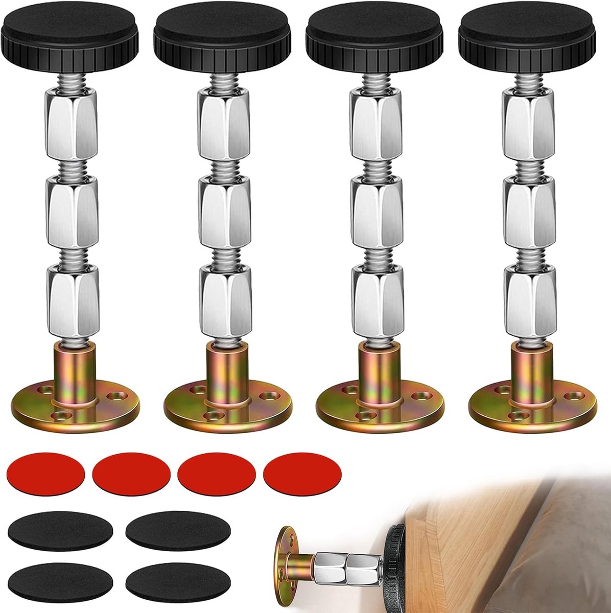 4 Stuks 27–111mm Verstelbare Metaal Anti-Schok Bed Steunen Met Kussens | Uitrekbare metalen steunen dempen trillingen en voorkomen schuiven van bedden, banken en tafels