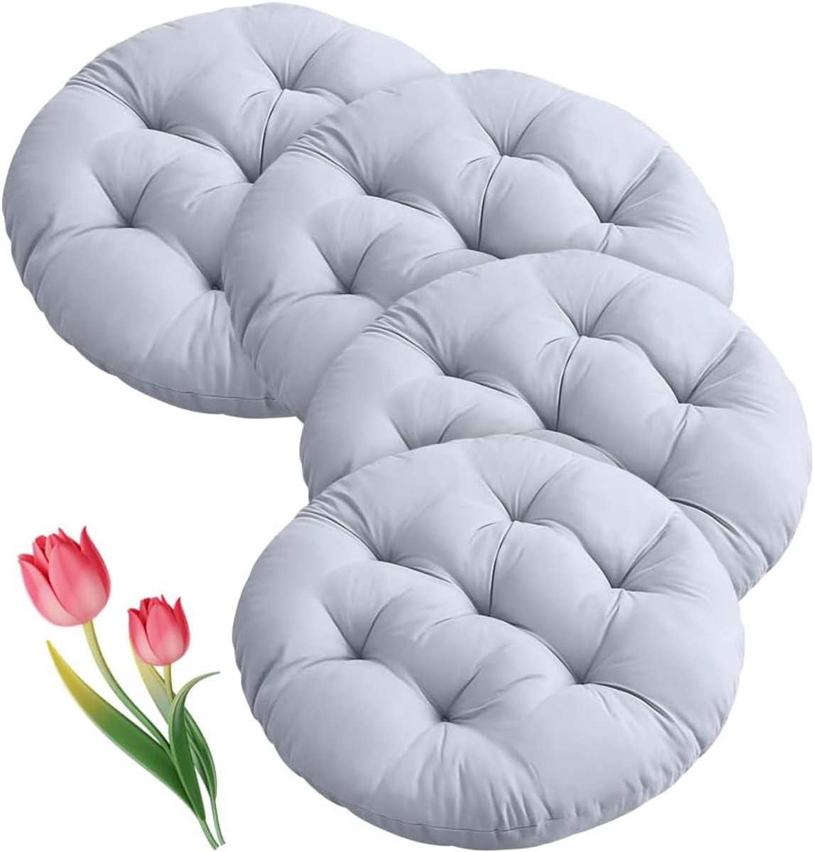 Rond, 40 cm, 4 stuks, vloerkussen, rond zitkussen, stoelkussen, bekleding voor woonkamer, eetkamerstoel, stoel voor binnen en buiten, lichtgrijs