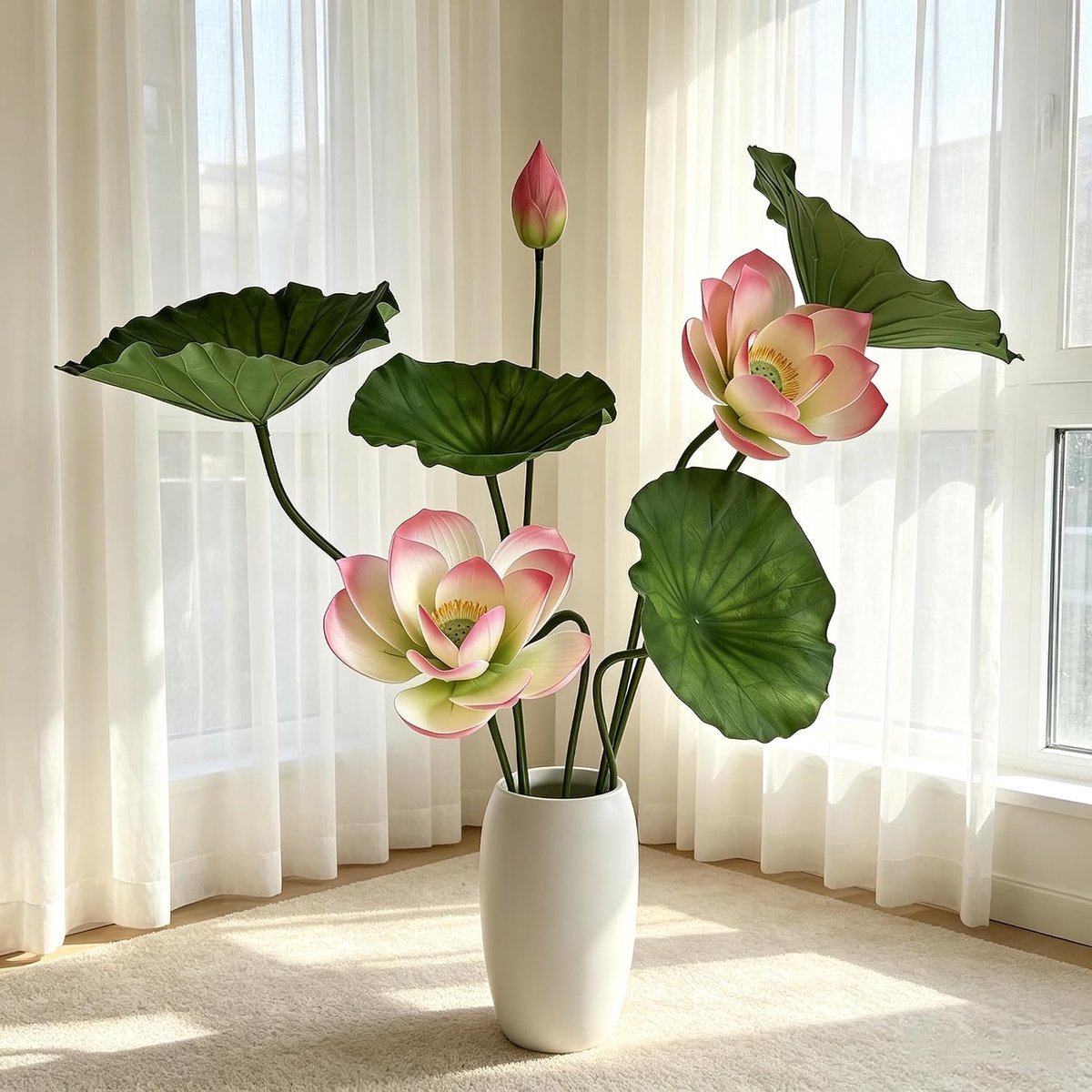 Kunstlotusbloemen arrangement, waterbestendig met bladeren, geschikt voor vijver, zwembad en woonkamer (Kunstlotusbloem zonder voetstuk)