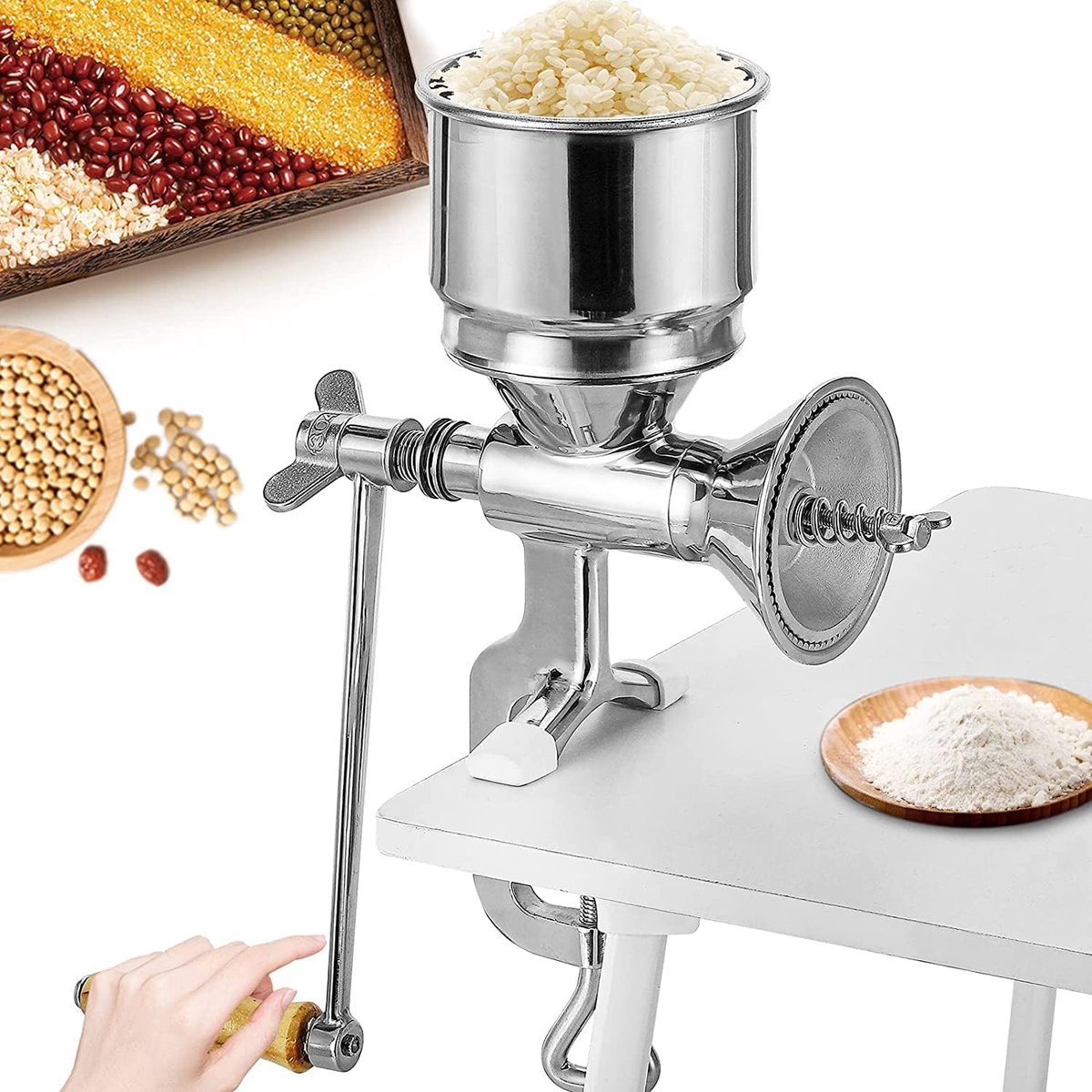 Graanmolen Handmatig roestvrij staal met handslinger en tafelklem ontwerp, φ105mm grote trechter, handbediende graanmolen voor noten, koffie, graan, zaden, maïs, specerijen