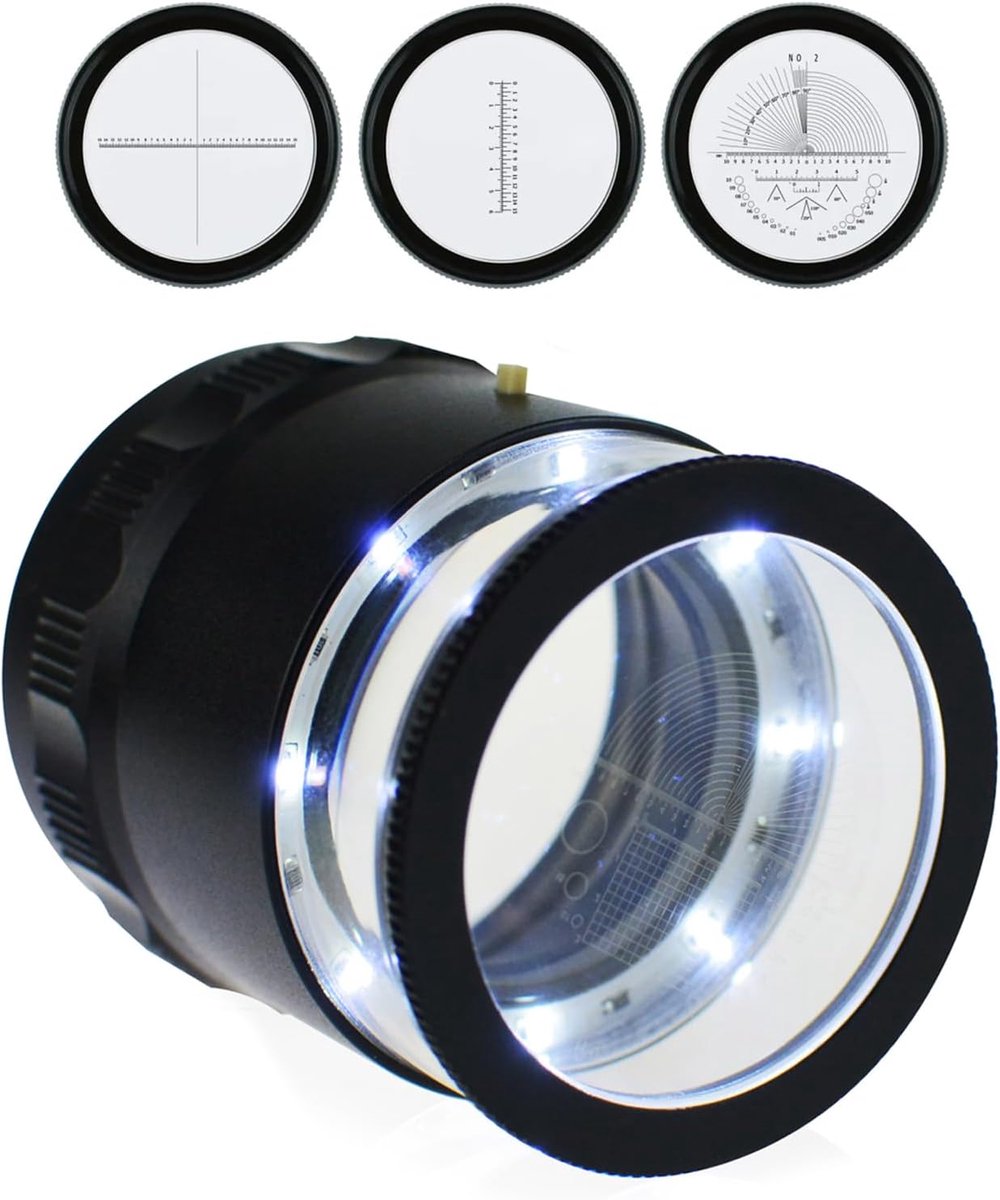 10X Verlichte juweliers loep vergrootglas met verwisselbare reticle schaal, LED-licht, 25mm gezichtsveld, voor sieraden, edelstenen, munten, hobbygereedschap (4 glazen schaalgrafiek)