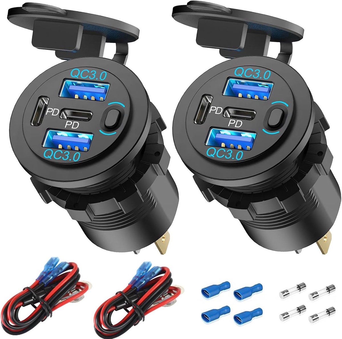 2 verpakkingen 78 W 4 poorten USB-bus 12 V auto-oplader, supersnel dual PD3.0 en QC3.0 multiple USB C-poort voor auto, vervangende sigarettenaansteker, stopcontact 12 volt voor boot, motorfiets