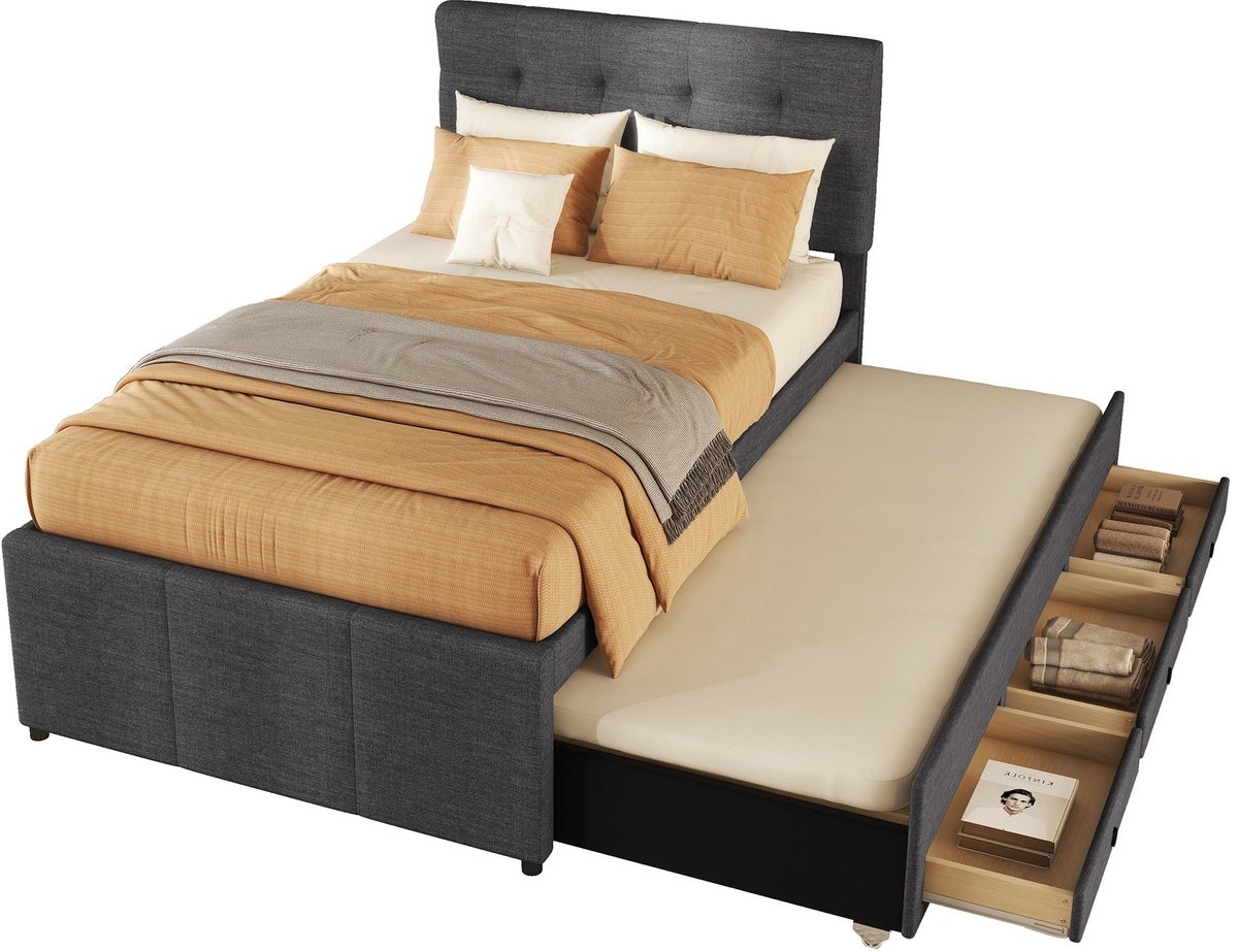 Merax Gestoffeerd Eenpersoonsbed 90x200 cm met Uitschuifbaar Logeerbed en 3 Lades – Verstelbaar Hoofdbord – Grijs