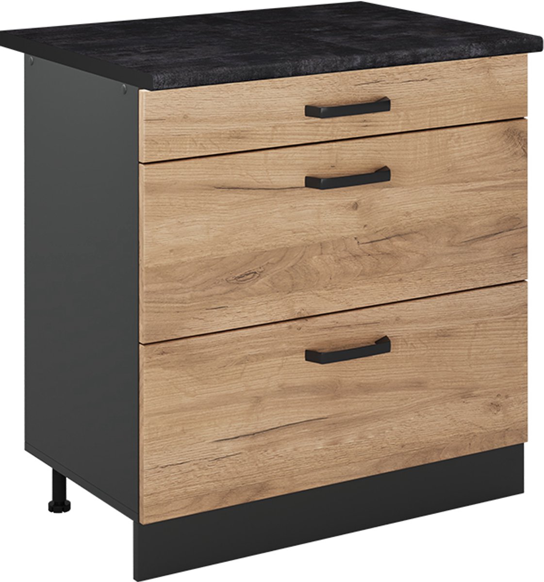 Vicco Keukenonderkast R-Line, Goudkleurig Eiken/Antraciet, 80 cm met 3 laden antraciet werkblad