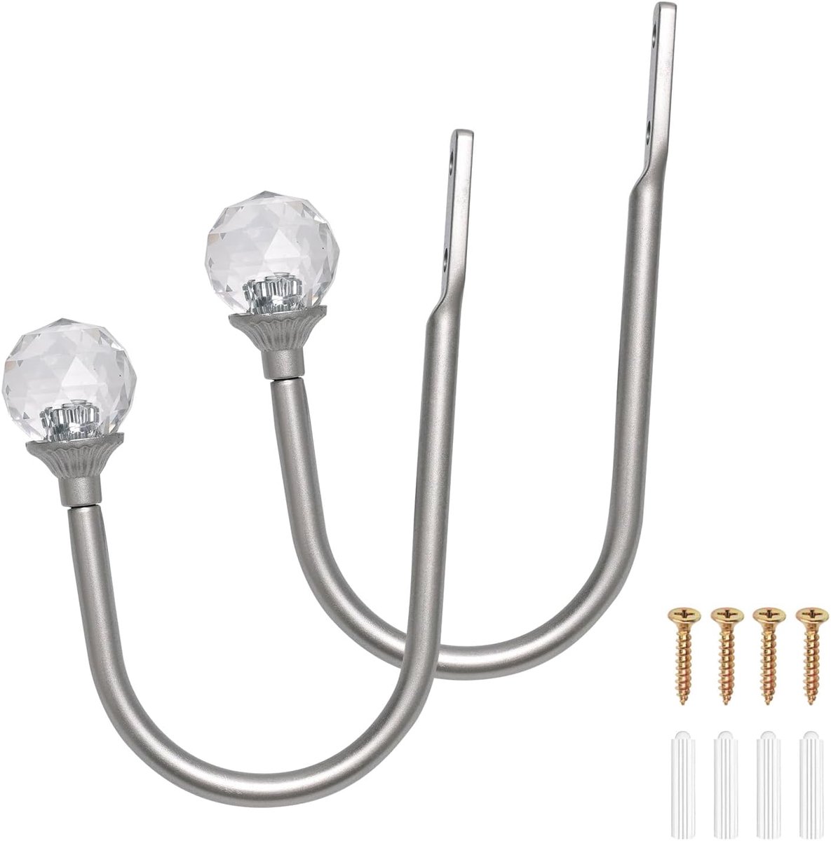 2 stuks zilverkleurige kristallen gordijnhouders, haken, metalen gordijnhouders, U-haken voor ramen, trekkoord, haken - ShopVlot