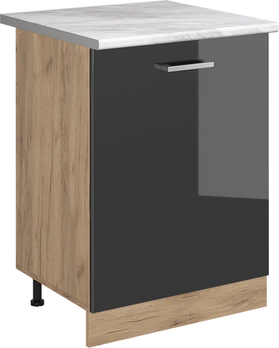 Vicco Keukenonderkast R-Line, Antraciet Hoogglans/Goudkleurig Eiken, 60 cm met 1 deur marmer werkblad