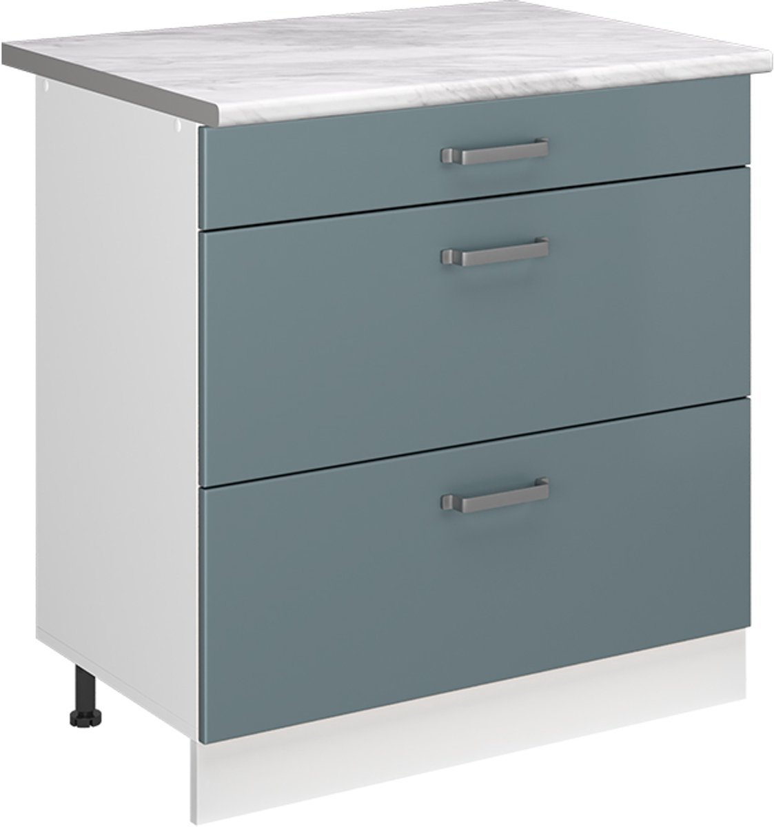 Vicco Keukenonderkast R-Line, Blauw-grijs/Wit, 80 cm met 3 laden marmer werkblad