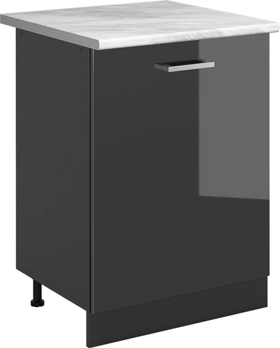 Vicco Keukenonderkast R-Line, Antraciet Hoogglans/Antraciet, 60 cm met 1 deur marmer werkblad
