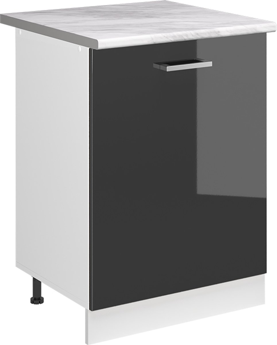 Vicco Keukenonderkast R-Line, Antraciet Hoogglans/Wit, 60 cm met 1 deur marmer werkblad