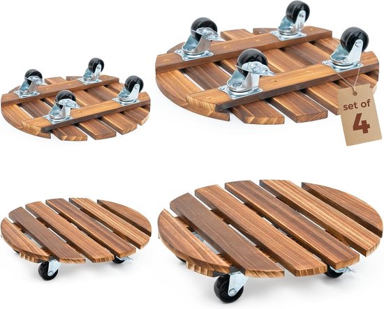 Houten Plantroller met Wielen - 4 Stuks - 30 cm Plantstand met Zwenkwielen en Vergrendeling voor Binnen en Buitengebruik