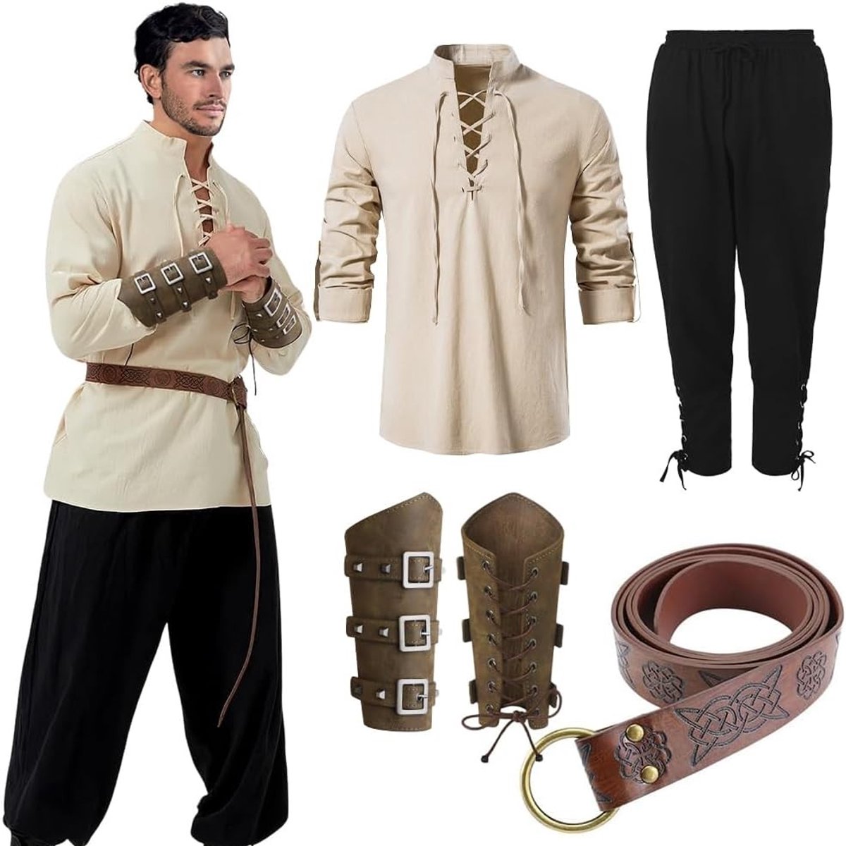Middeleeuwse Renaissance Kleding voor Mannen - Viking Shirt, Broek, Kostuum met Riem en Polsband Accessoires