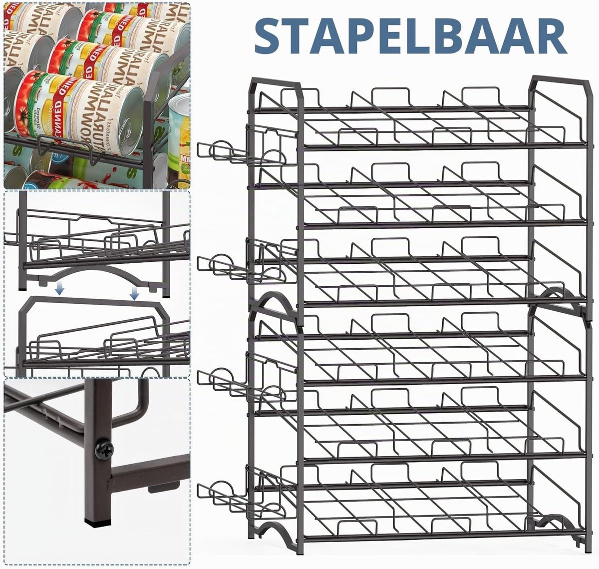Stackable Blikjeshouder voor Keuken - 3 Laags Blikjesdispenser met Zijplanken, Opslag voor 42 Blikjes, Perfect voor Keuken of Werkruimte