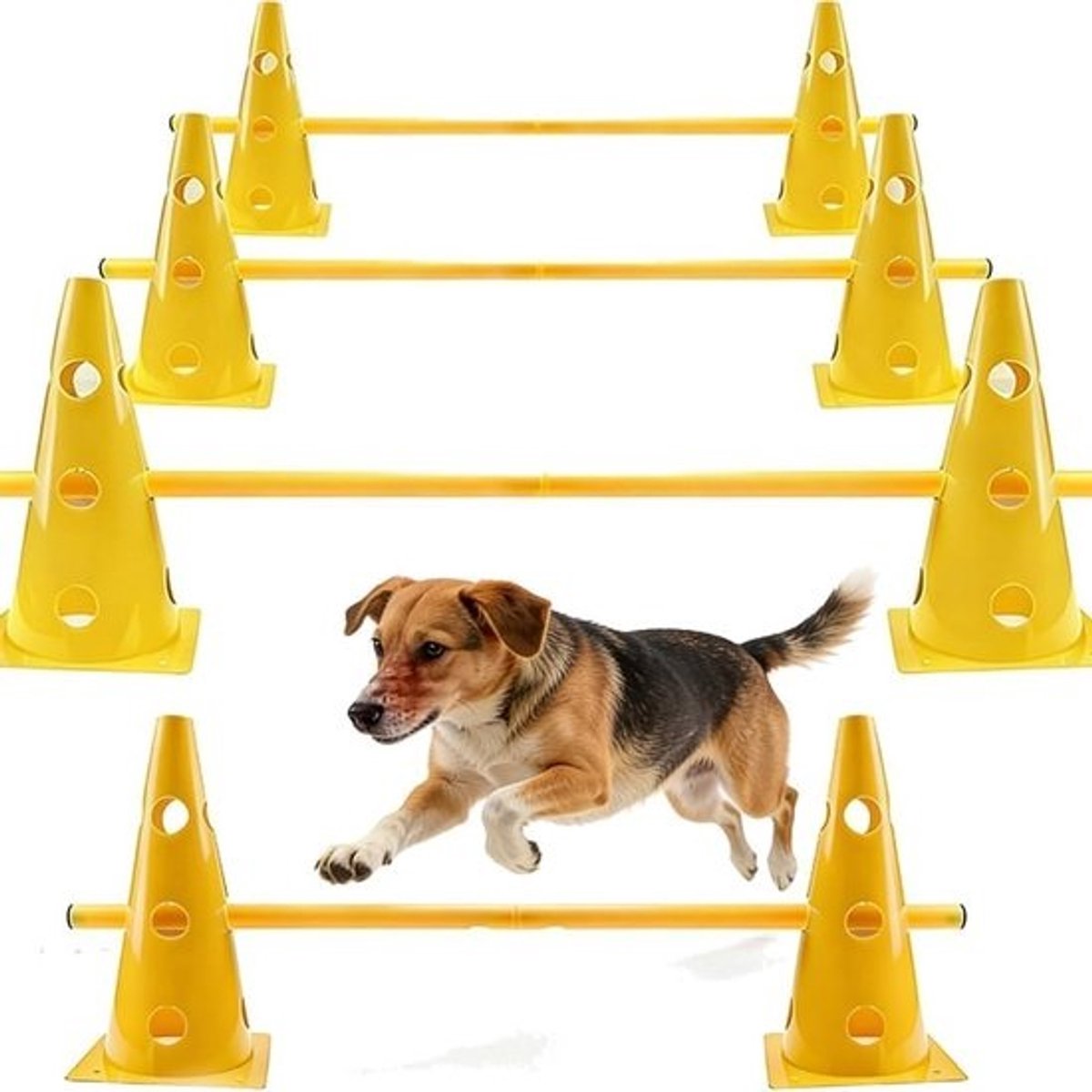 Steekhordenset met 10 kegels en 5 stangen, verstelbare agilityobstakels voor hondensport, voetbaltraining en kinderoefeningen, 23 cm hoog, veelzijdige trainingsset voor honden en paarden
