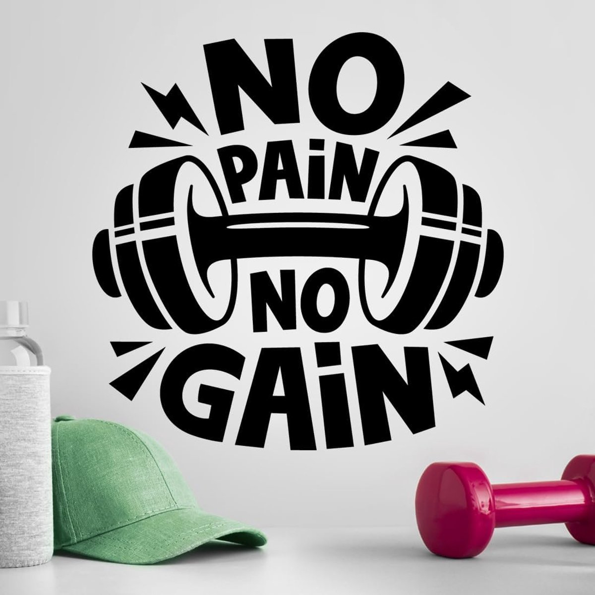 No Pain No Gain Wall Sticker - Motivational Gym Quote Decal with Dumbbell Design for Home or Gym, Bold Black - ShopVlot