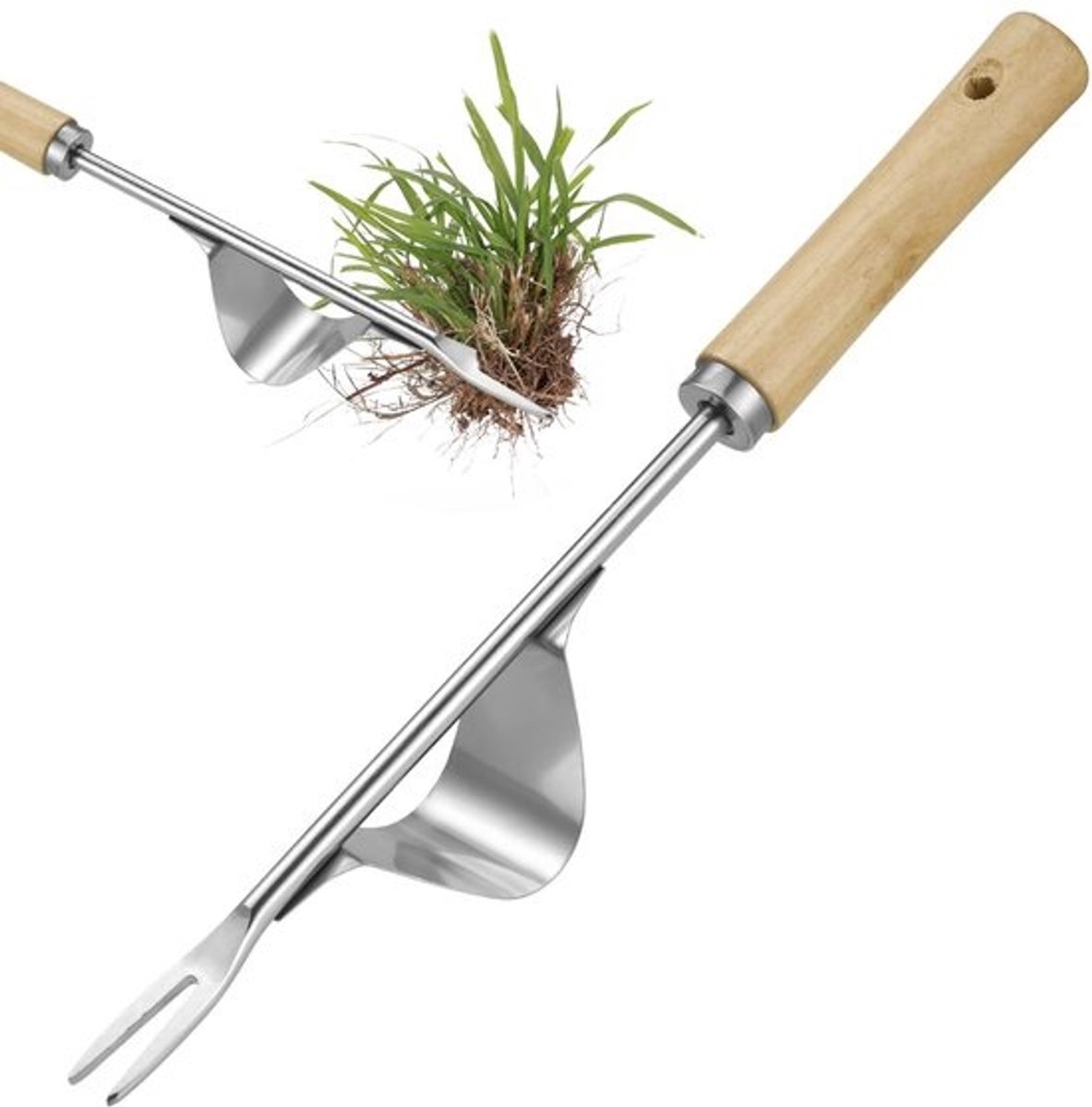 Inovra - Zocipro handmatig onkruidtrekkergereedschap, handonkruidverwijderaar met houten handvat, roestvrij staal - terras, gazon, tuin