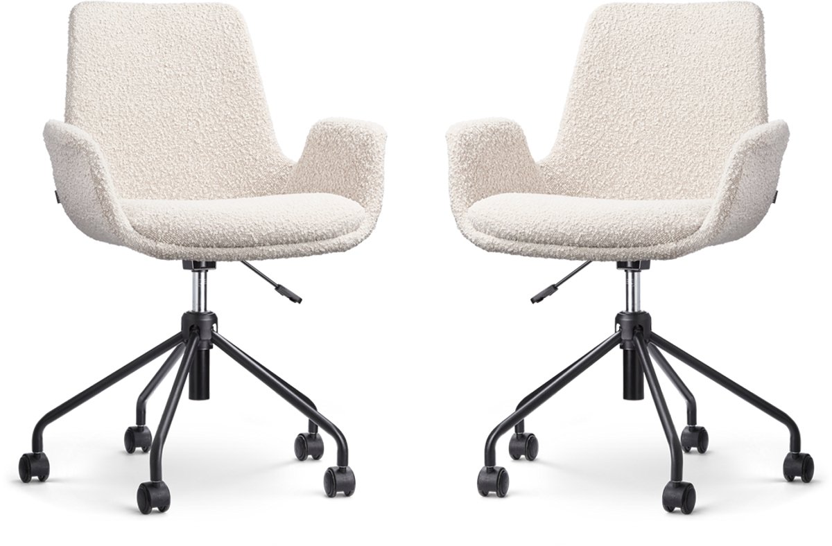 Nolon Nout-Eef Bureaustoelen Set van 2 Bouclé Beige - Stof - Verstelbaar - Wielen - Zwart Onderstel - Lage Armleuning - Modern - Design