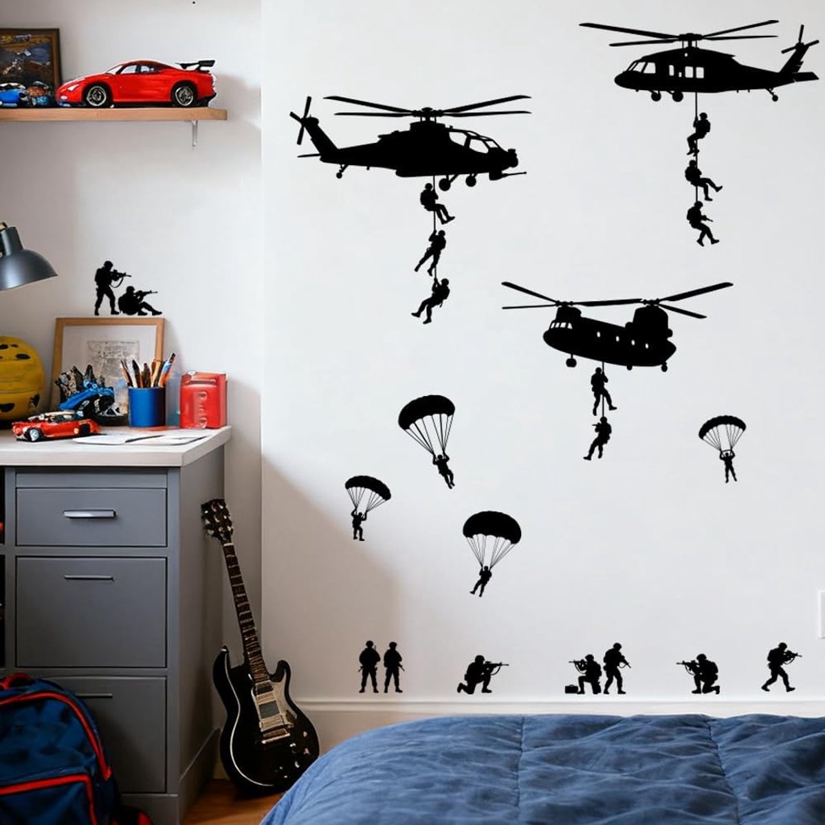 Muurstickers helikopter en parachute - afneembaar vinyl - 3D effect - decoratie voor slaapkamer of speelkamer - ShopVlot