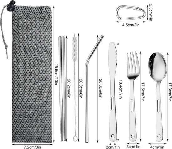 SnelShoppen - Camping Bestek Set 8-Delig RVS - Inclusief Mes, Vork, Lepel, Rietje, Eetstokjes, Carabiner en Etui - Ideaal voor Kamperen, Hiken en Reiz van Snelshoppen — afbeelding 5
