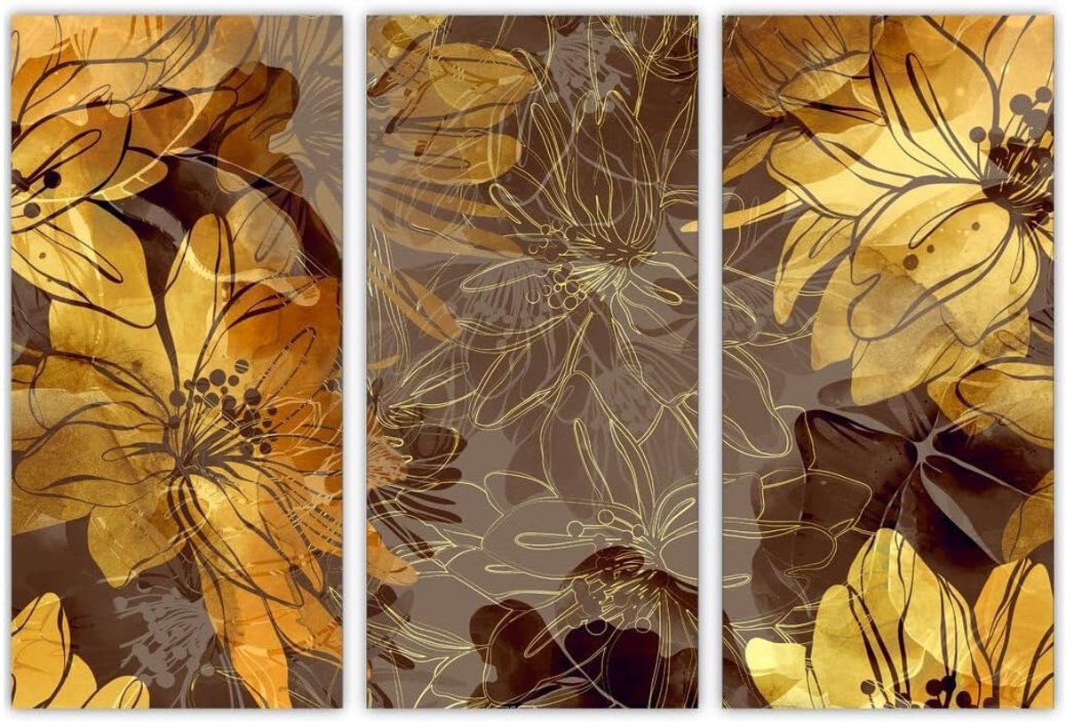 AREDE Set of 3 Wall Art Painting Picture Poster Golden Watercolor Flowers (90x60cm) Home Office Wall Decoration Living - ShopVlot