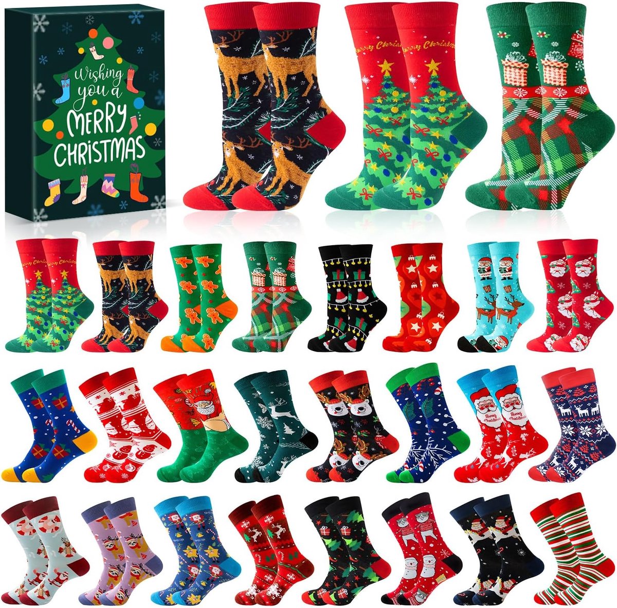 iZoeL Advent Calendar for Adults Men Women 24 Pairs Funny Christmas Socks Countdown 2025 24 Days Surprise Christmas - ShopVlot