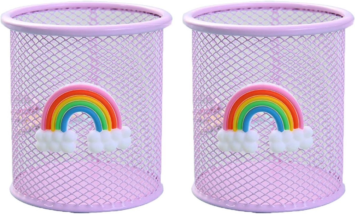 SnelShoppen - 2x Ronde Penhouders - Metalen Mesh Pennenbox - Roze Regenboog Schrijfgerei Houder - Perfect voor School, Thuis, Kantoor