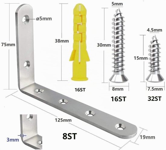8 Stuks Robuuste Hoekbeugels van RVS, L-vormige Steunen voor Wandplanken en Meubelondersteuning - Inclusief 2 Maten Schroeven en Expansiebuis (125×75mm) — afbeelding 3