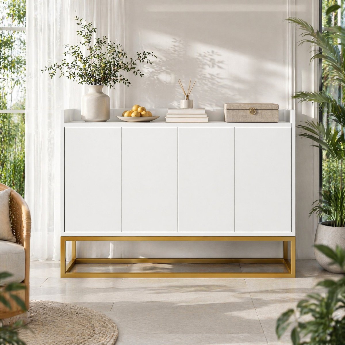 WUVRIE Buffetkast 120x30x80 cm - 4 greeploze deuren en 2 verstelbare planken - Wit