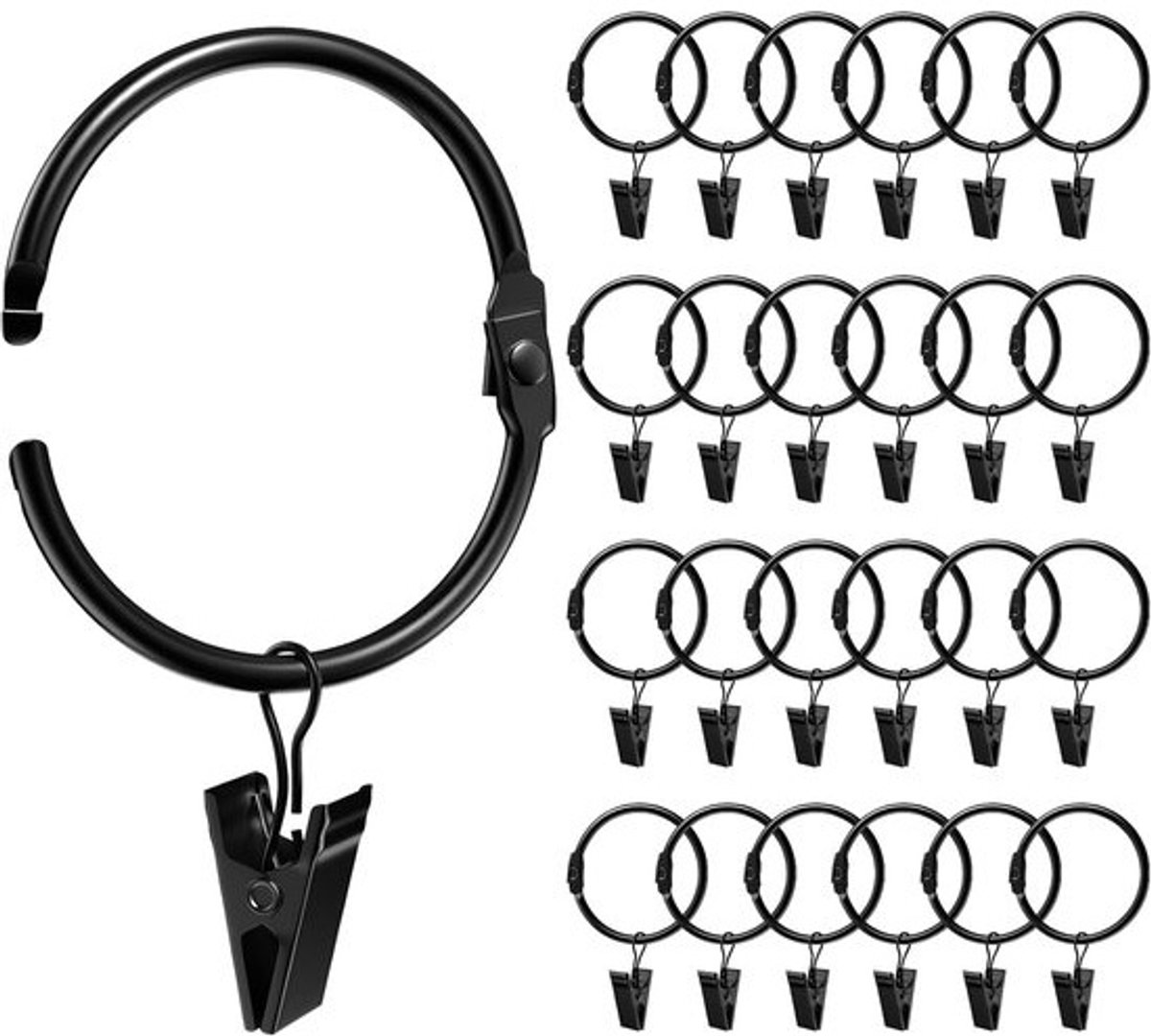 Gordijnringen met klem - Klemringen voor gordijnen - Voor het ophangen van decoratie - Stevige metalen klem - 5 cm diameter - Zwart